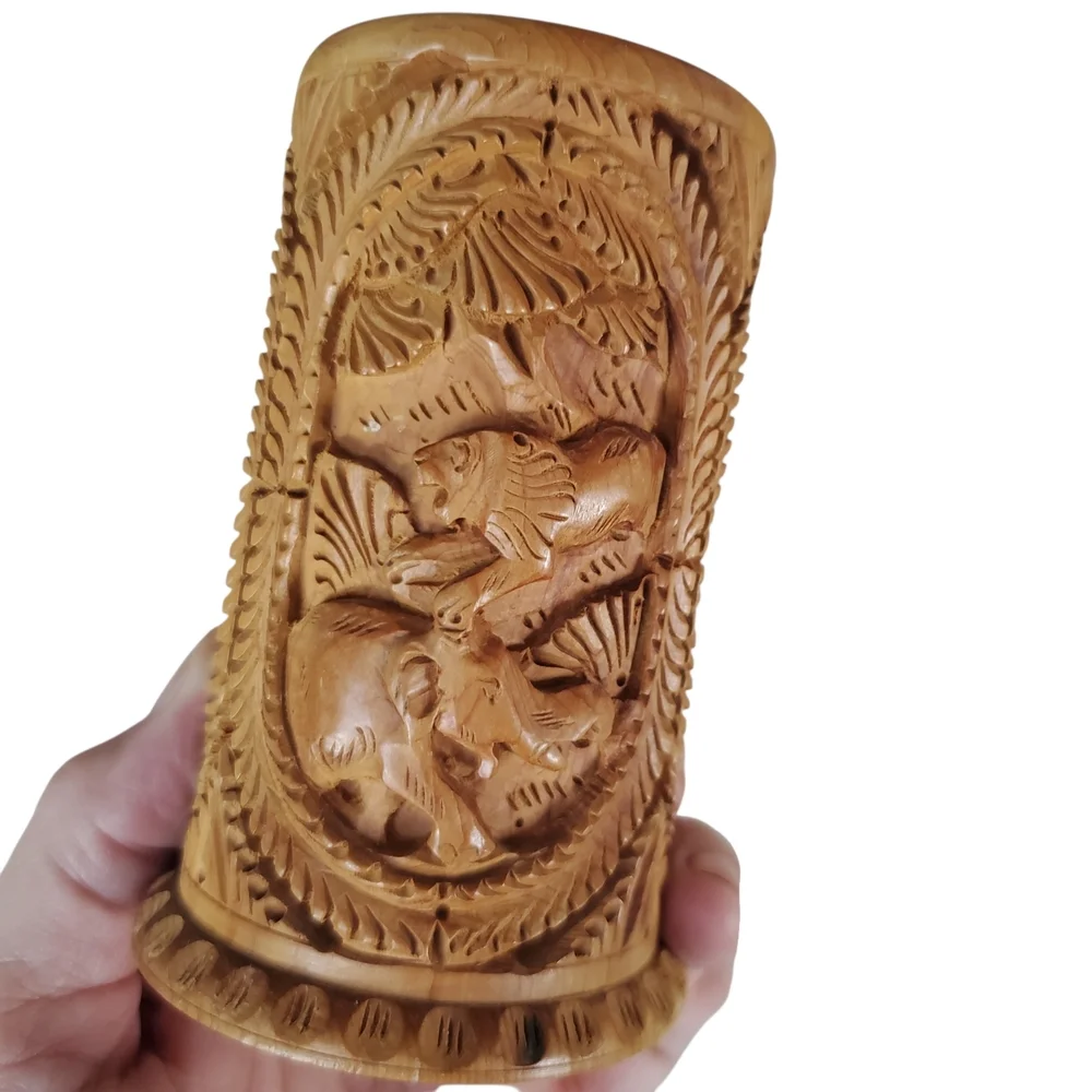 Vintage Hand-Carved Wooden Pen Holder - African Wildlife & Jungle Scene